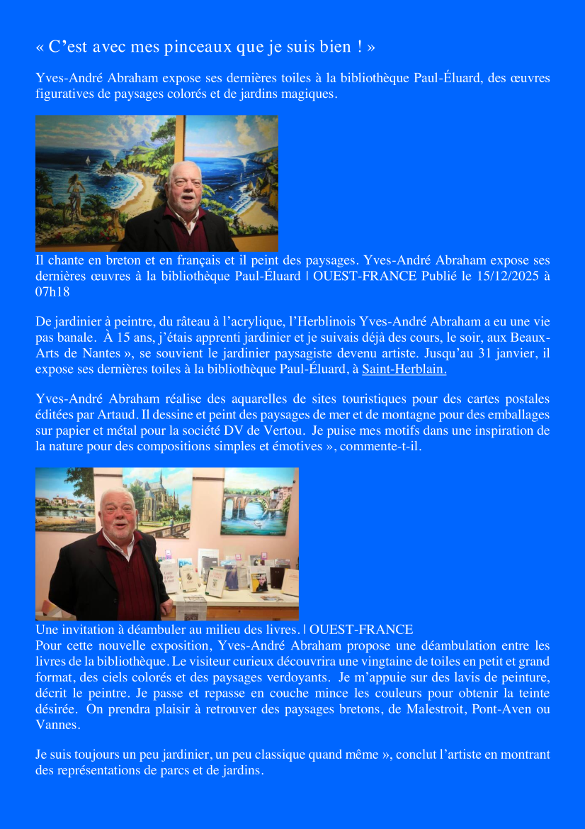 Couverture de  Yves-Andr&eacute; Abraham expose &agrave; la biblioth&egrave;que  "C&rsquo;est avec mes pinceaux que je suis bien !"